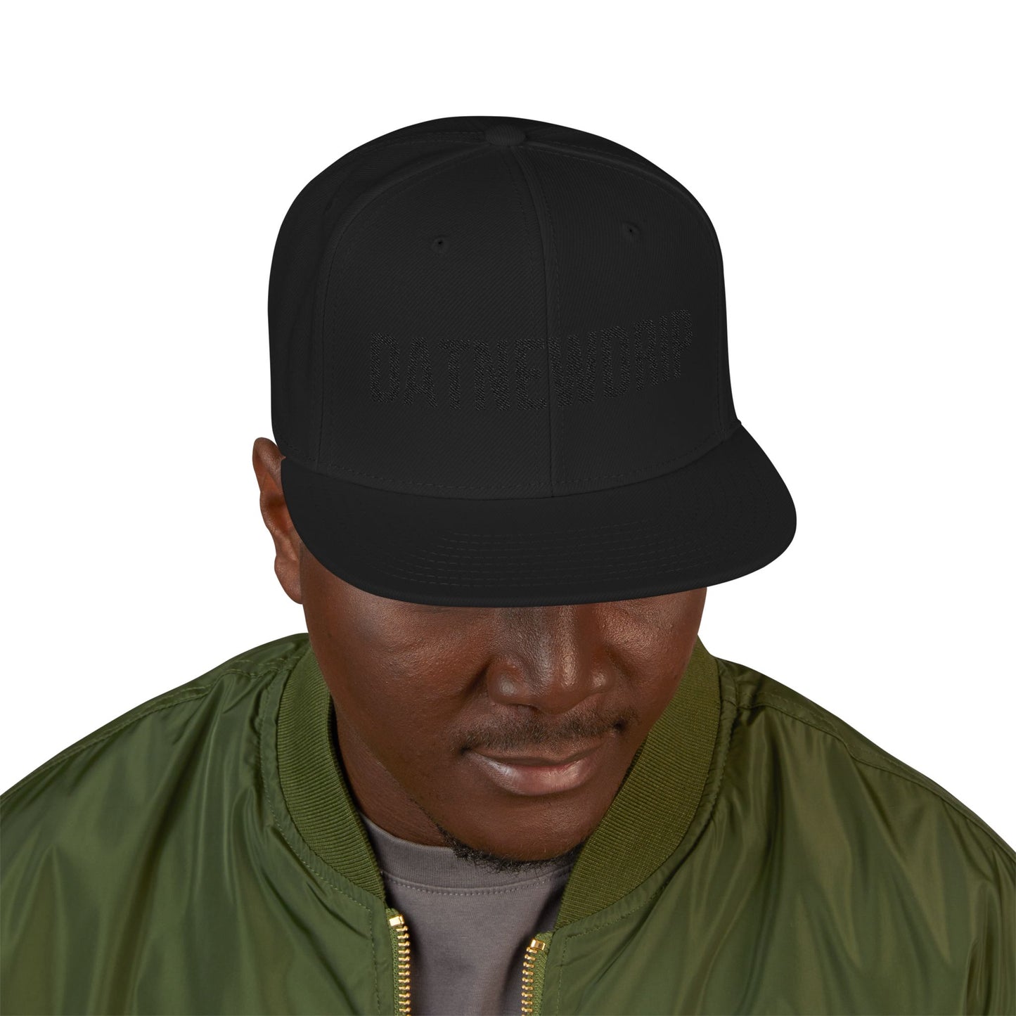 DatNewDrip black snapback hat worn by man showcasing white snapback hip-hop style option