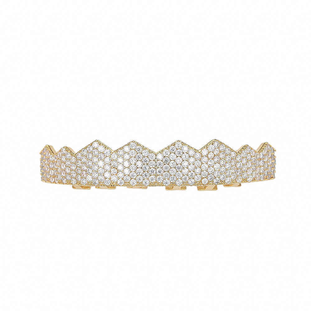 Gold pave diamond iced out flat tooth grillz with crown zigzag design for top teeth