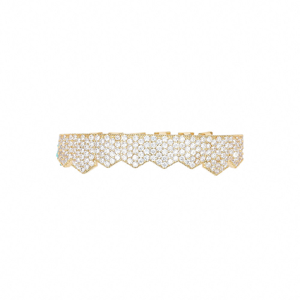 Gold pave diamond iced out flat tooth grillz with zigzag flat tooth design for full upper coverage