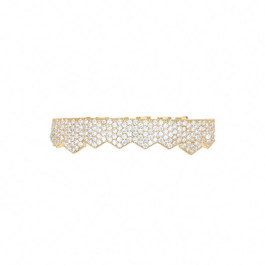 Gold pave diamond iced out flat tooth grillz with zigzag flat tooth design for upper teeth