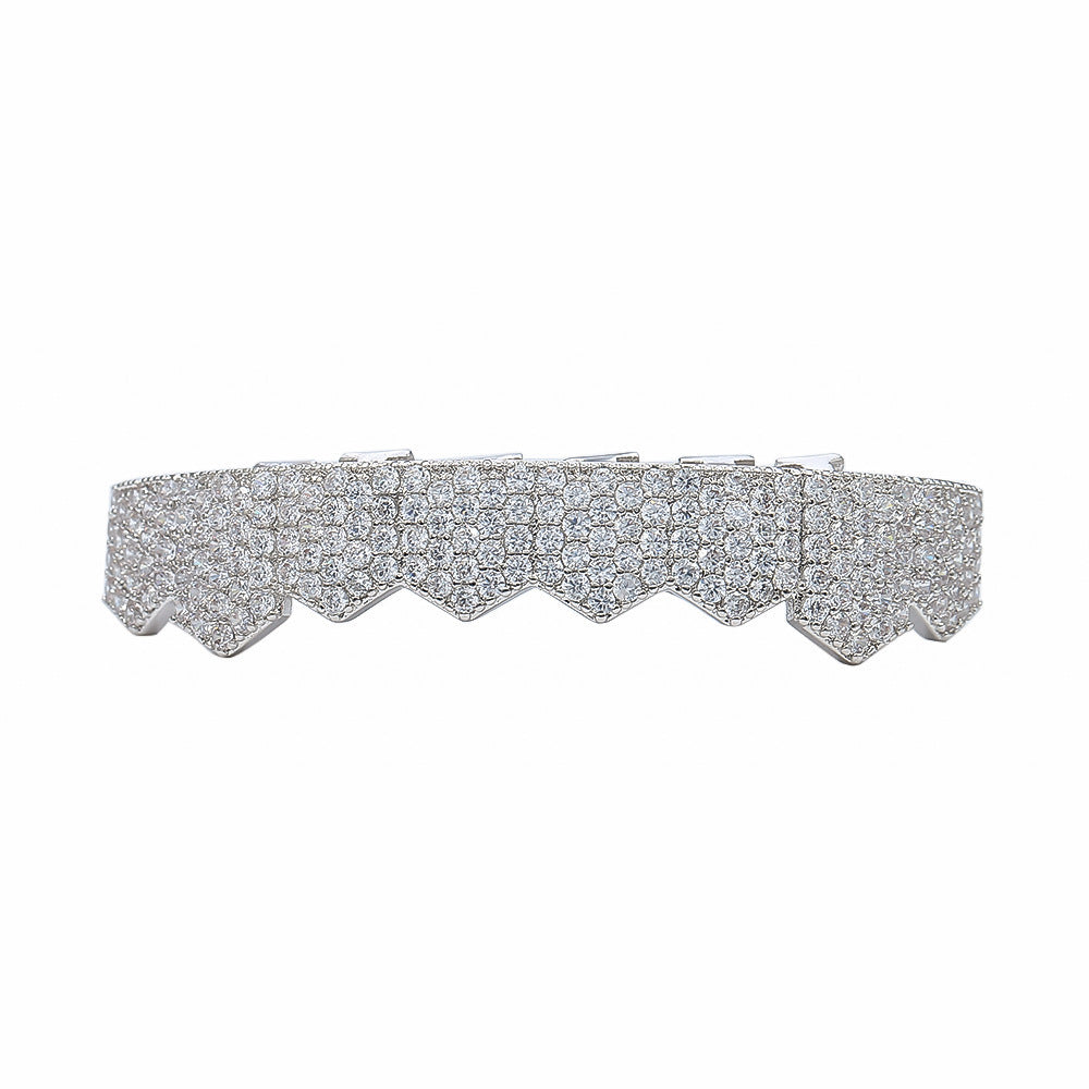 iced out flat tooth grillz diamond encrusted silver front teeth piece for hip hop fashion
