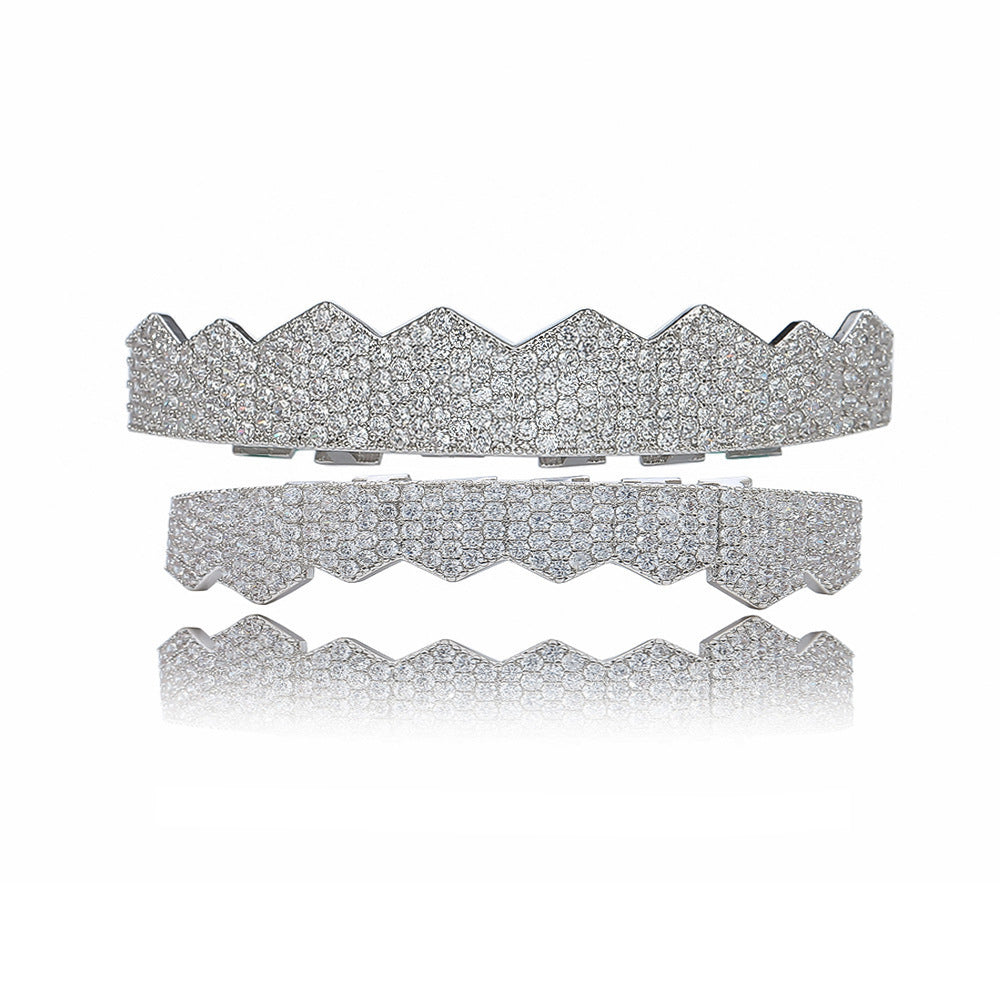 iced out flat tooth grillz silver set with full crystal pave coverage and zigzag top and bottom design