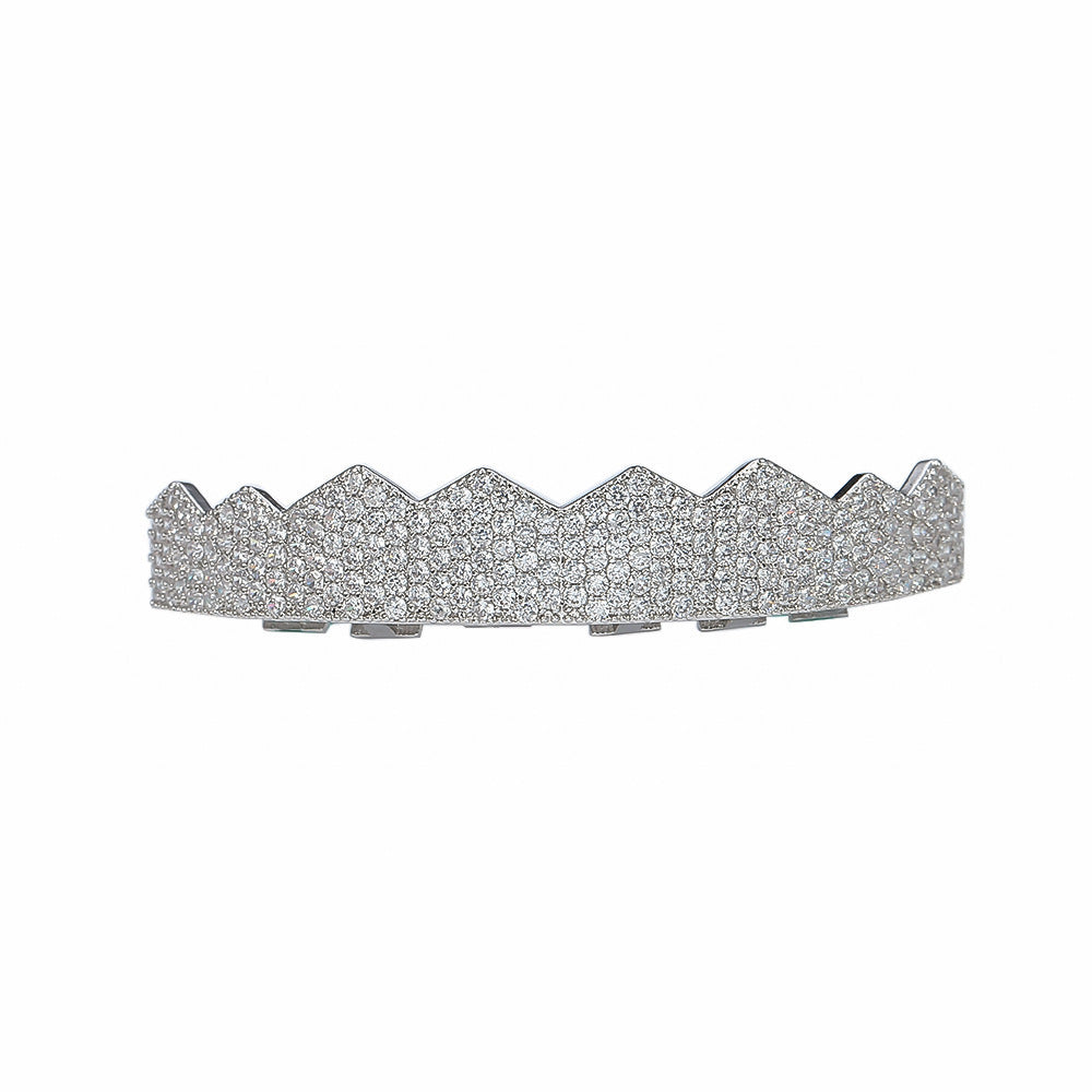 iced out flat tooth grillz silver diamond encrusted full upper set with jagged crown top for bold style