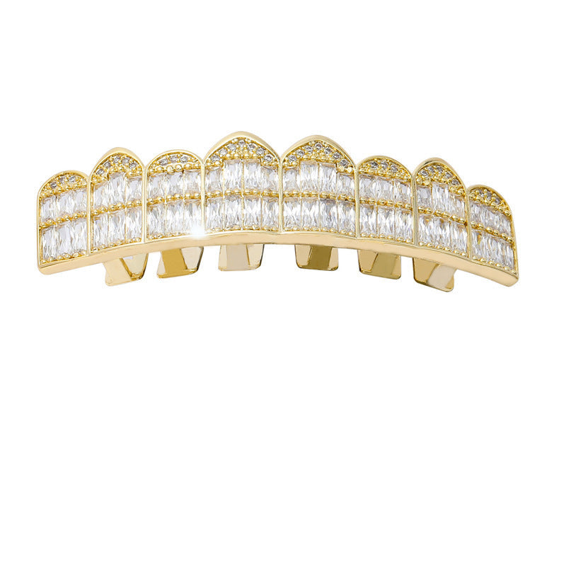 DatNewDrip iced out baguette grillz gold teeth cover with double baguette rows and scalloped top