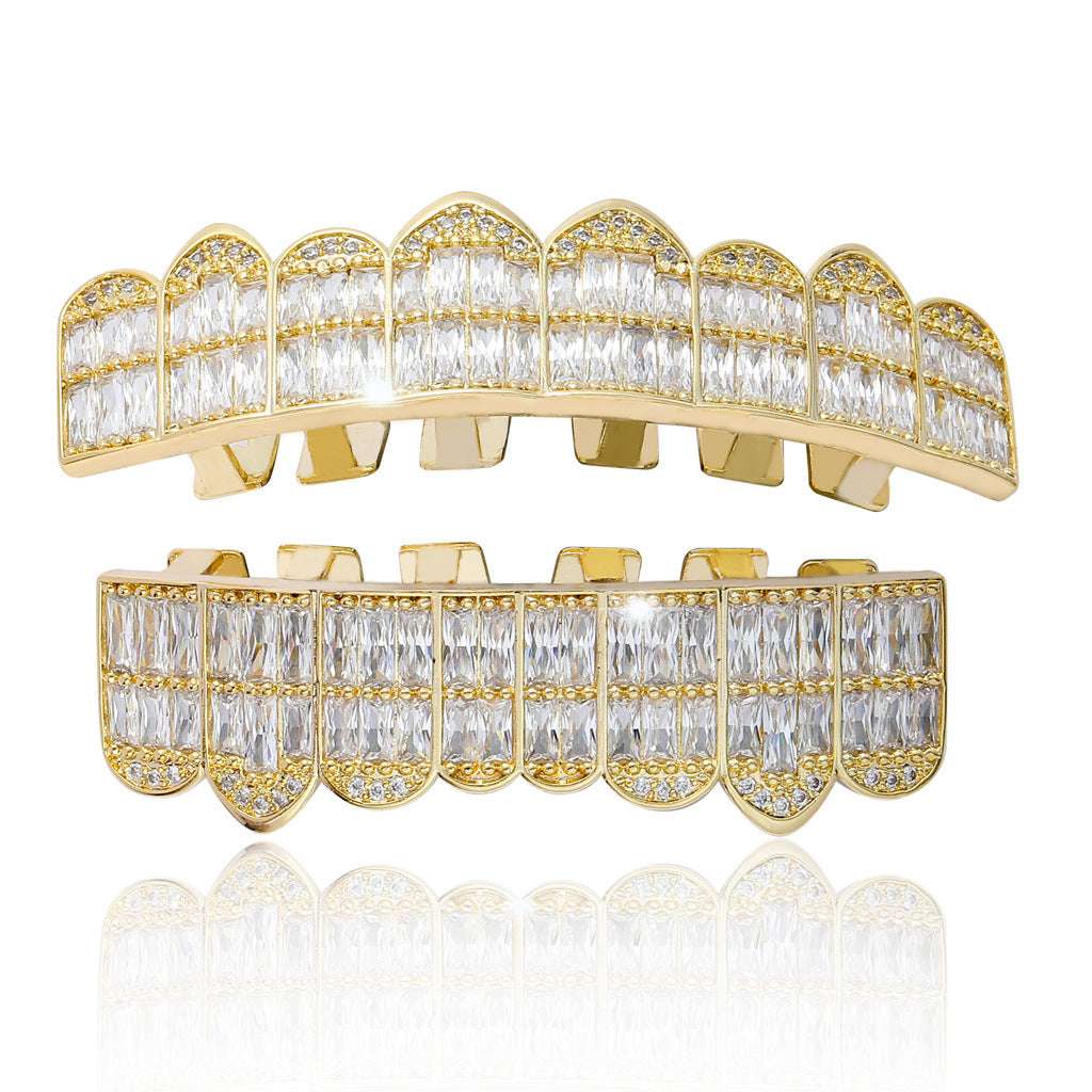 DatNewDrip gold iced out baguette grillz set with top and bottom crystal baguette stones