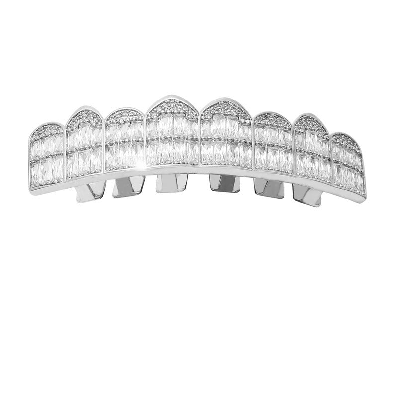 DatNewDrip iced out baguette grillz white gold top row with baguette stones and halo pave accents