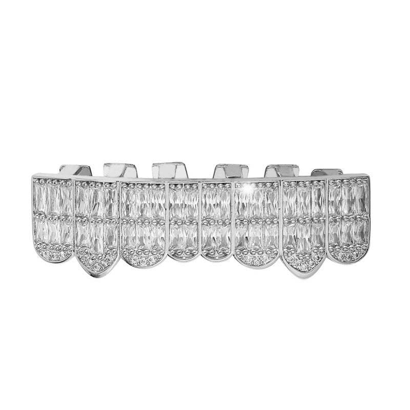 DatNewDrip iced out baguette grillz full silver tooth row with three rows of baguette stones and pave accents
