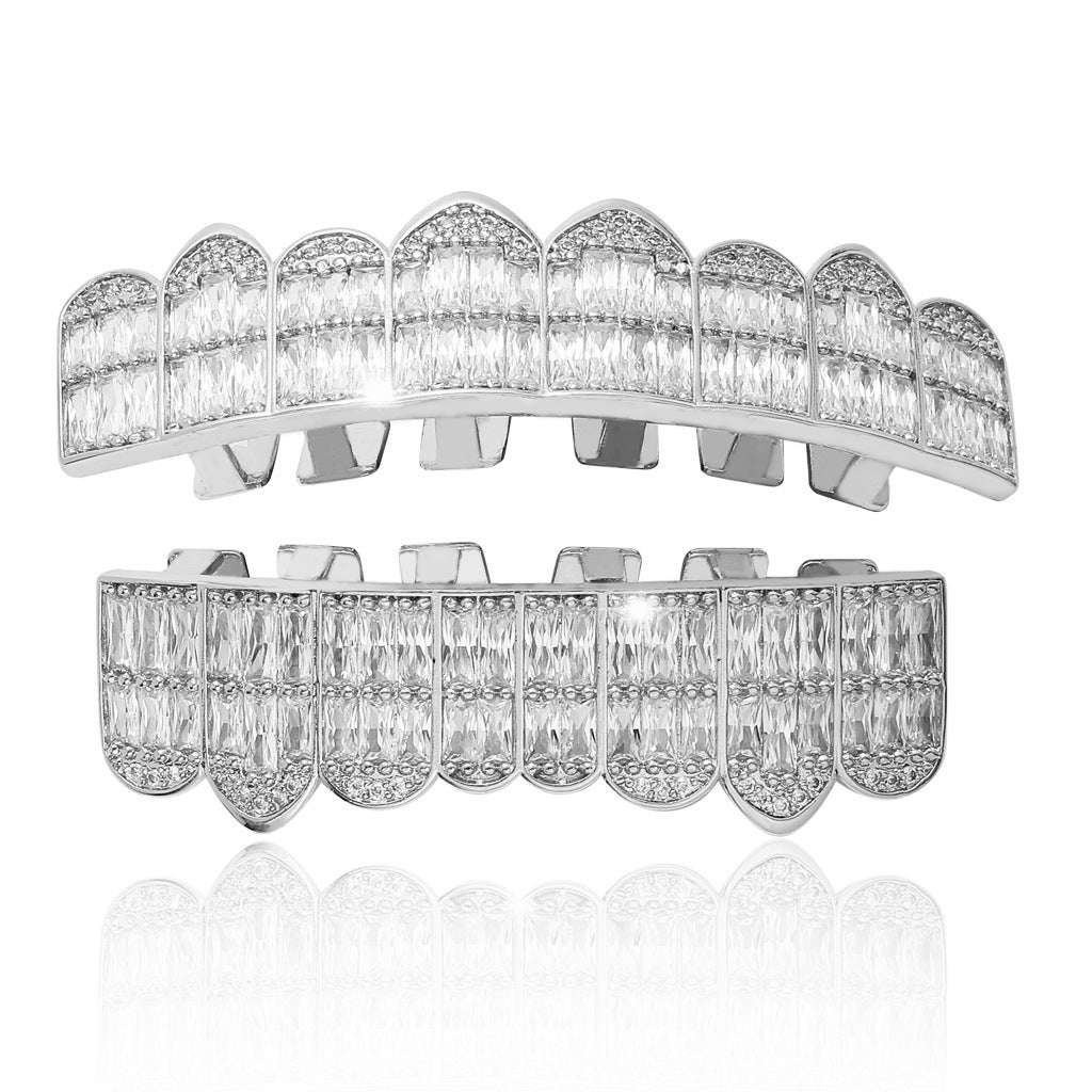 DatNewDrip silver two piece iced out baguette grillz full upper and lower set with reflective stones