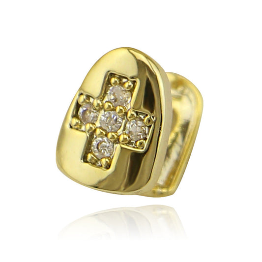 Gold single tooth cap featuring diamond cross hip hop tooth grill design for front tooth