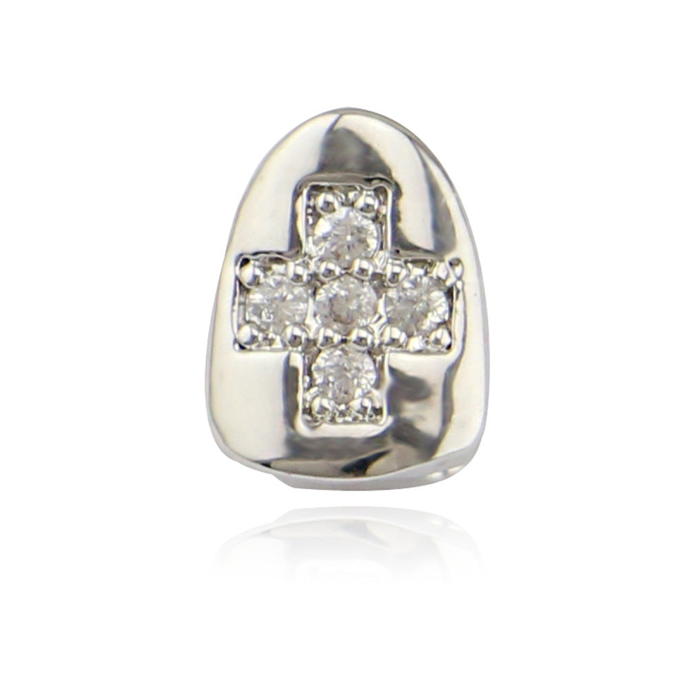 Silver tooth grill cap with diamond cross center for urban style diamond cross hip hop tooth grill