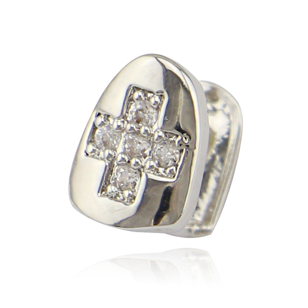 Silver single tooth cap diamond cross hip hop tooth grill with sparkling stones for urban jewelry style