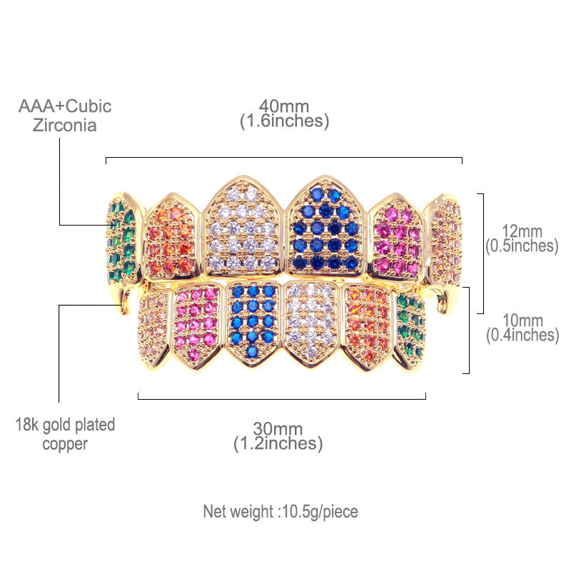 Gold plated copper teeth grill set encrusted with AAA cubic zirconia in rainbow colors multicolored gem grillz