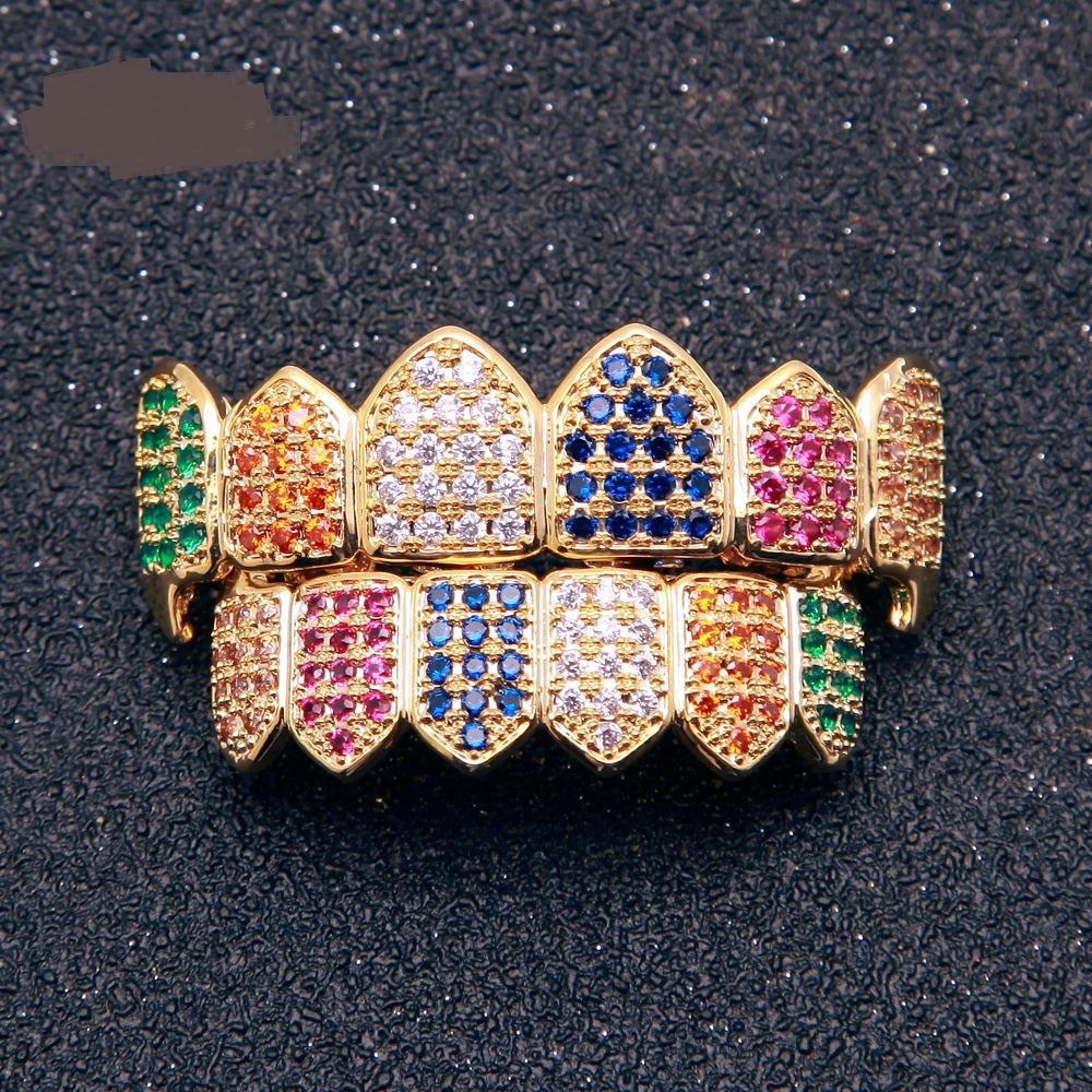 Gold upper and lower tooth caps set with green orange white blue pink stones multicolored gem grillz hip hop style