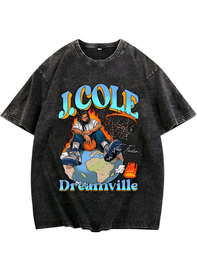 Graphic streetwear t-shirt featuring J. Cole on a globe with Dreamville branding