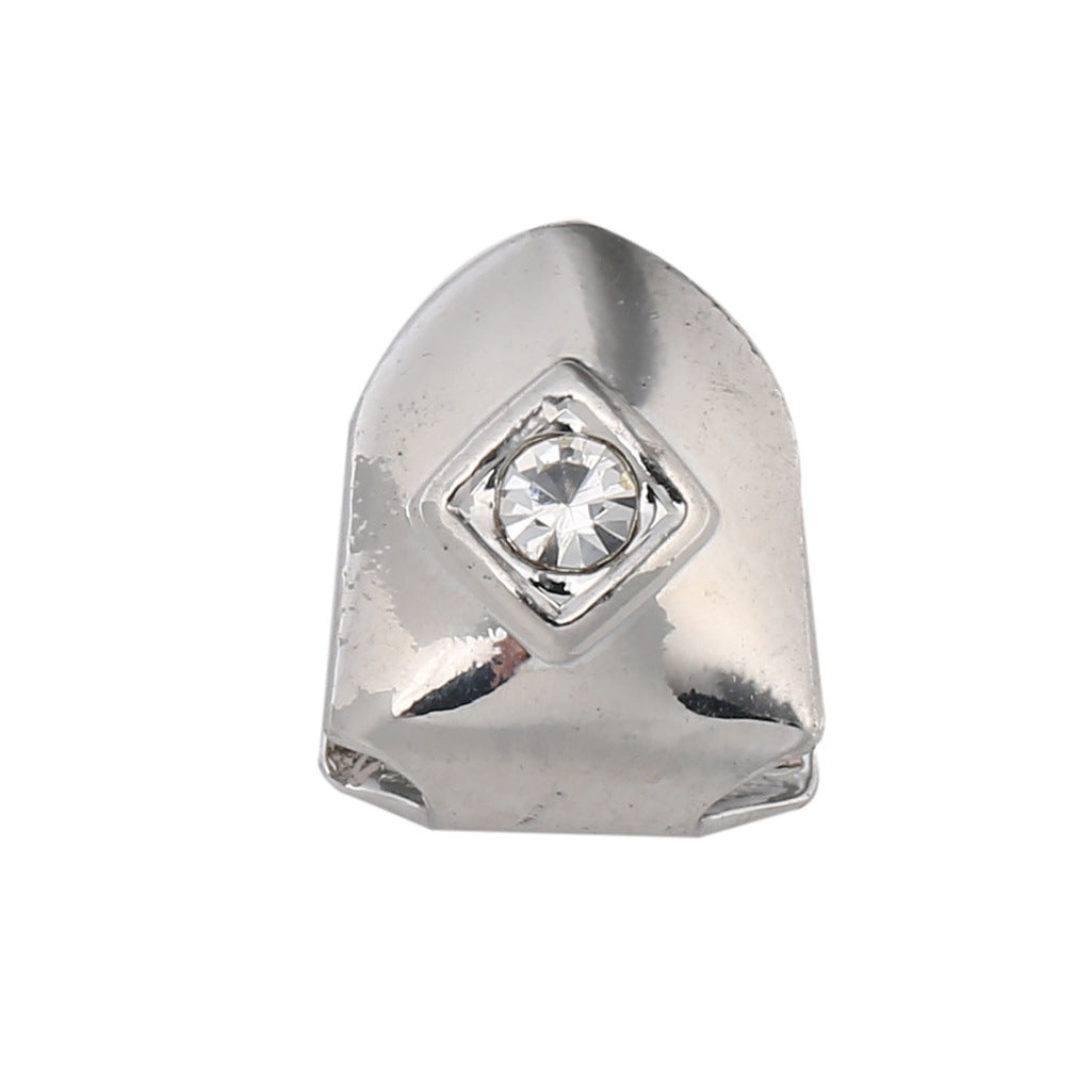 Polished silver tooth cap with centered round gem single diamond tooth grillz for front tooth style