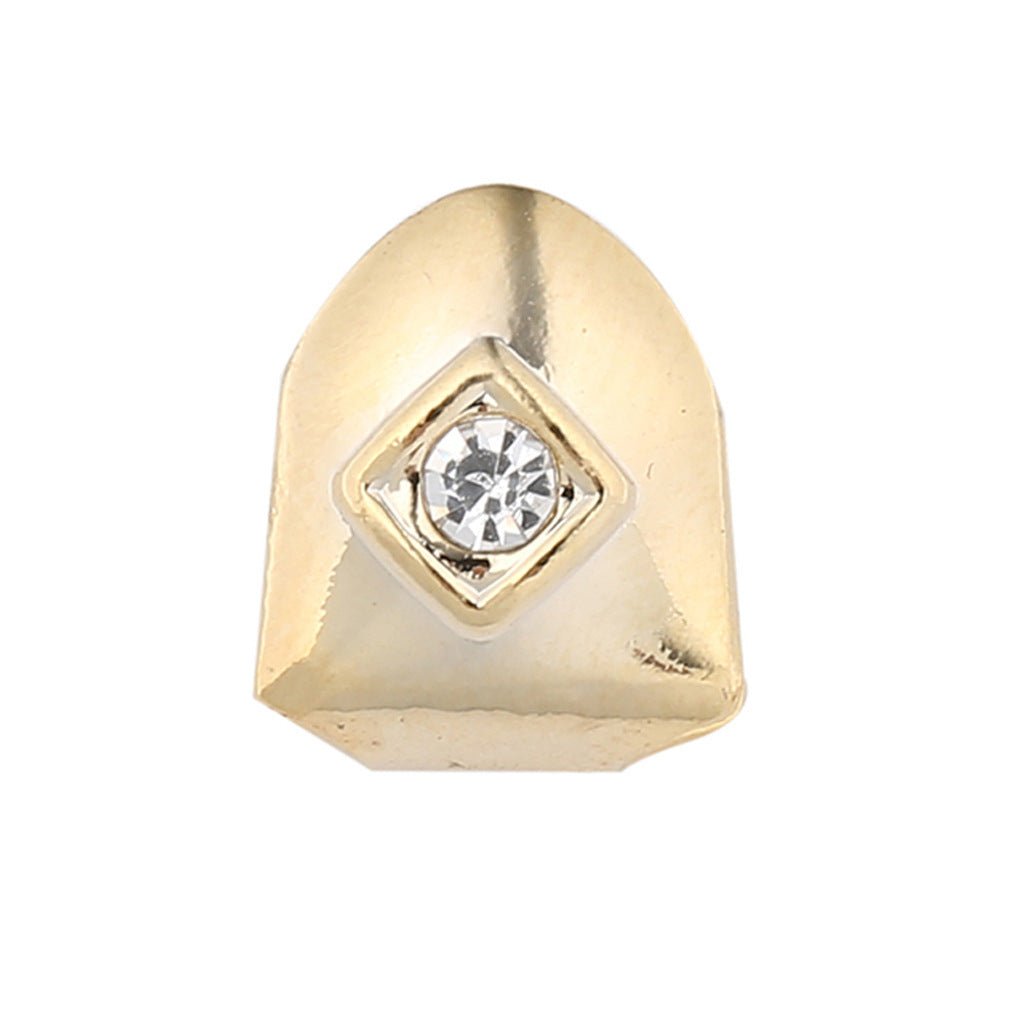 Gold single diamond tooth grillz cap with square bezel set diamond for upper front tooth