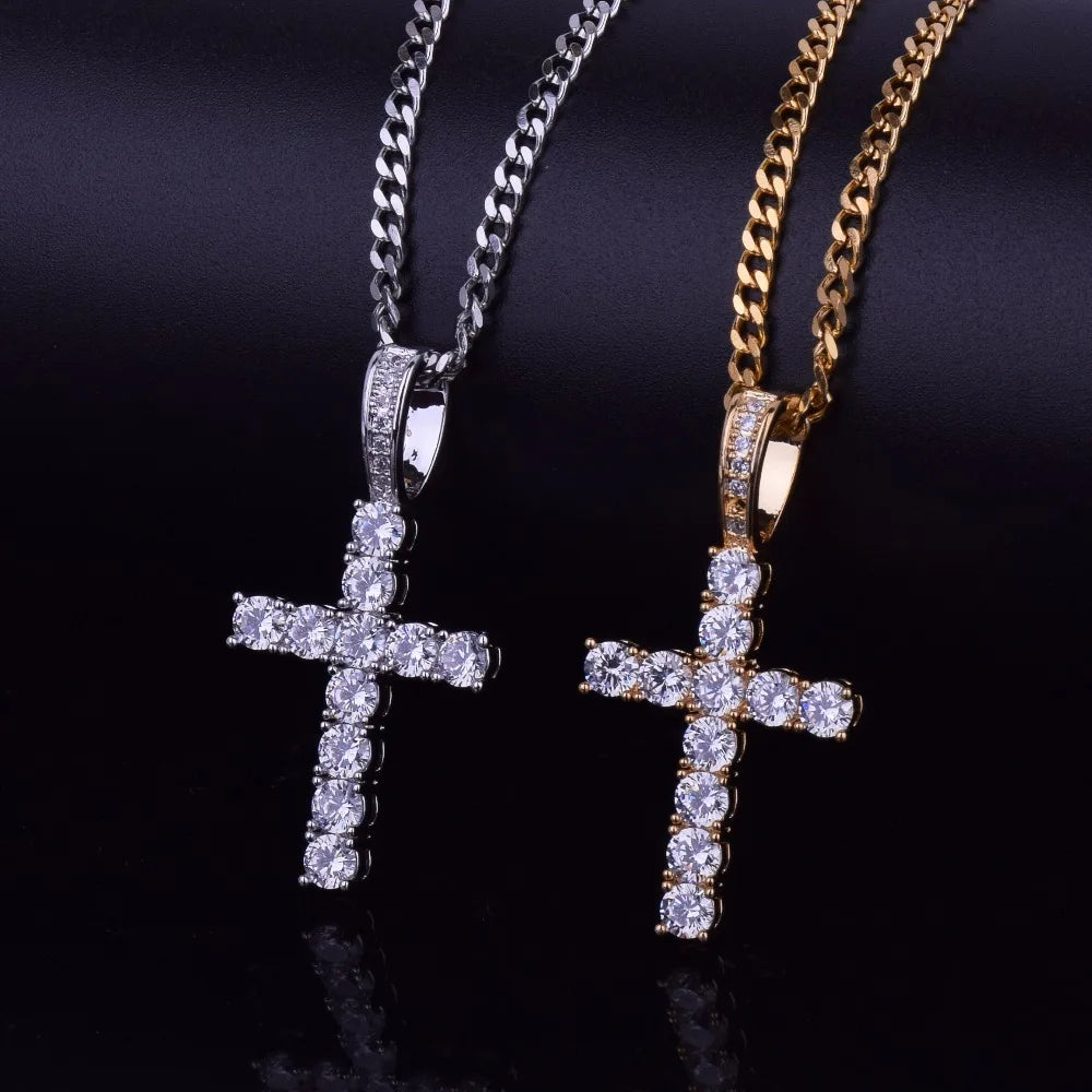 Hip hop cross necklace set featuring gold and silver cross pendants with sparkling stones