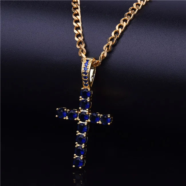 Gold Hip Hop Cross Necklace adorned with Blue Stones for a Bold Fashion Statement