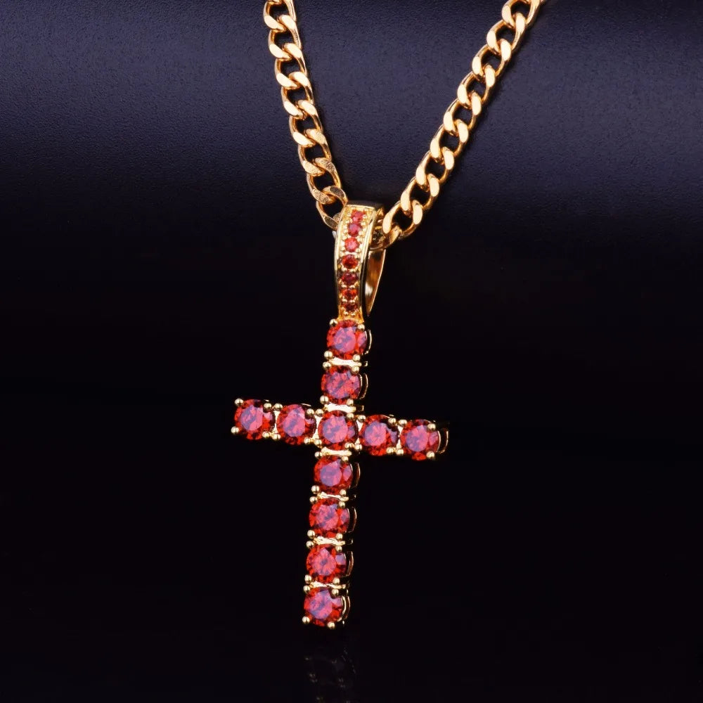 Gold Hip Hop Cross Necklace encrusted with red gemstones on a chain for stylish wear