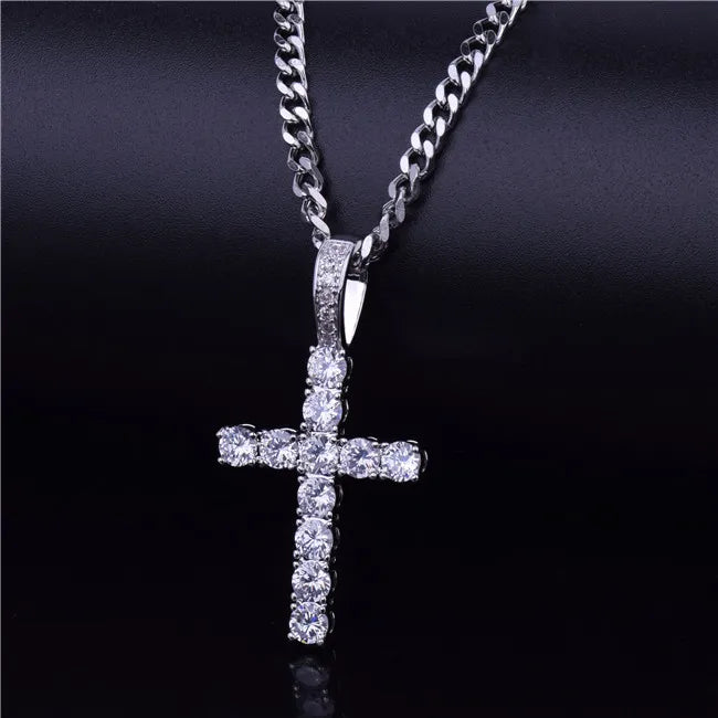 Shiny hip hop cross necklace with sparkling stones on a silver chain for stylish accessorizing