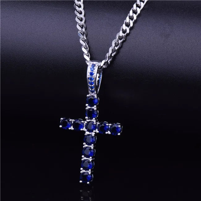 DATNEWDRIP hip hop cross necklace featuring a silver chain and blue gemstones for a stylish look