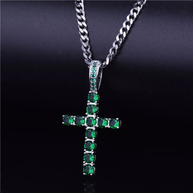 DATNEWDRIP hip hop cross necklace featuring a sparkling green gemstone design on a silver chain