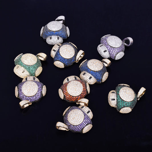 Assorted hip hop mushroom pendant necklaces in vibrant colors with sparkling gemstones