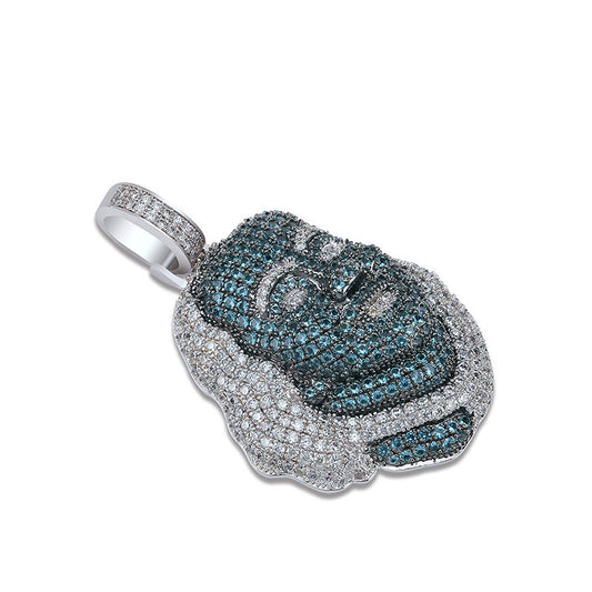 DatNewDrip iced out blue face pendant with sparkling blue and white stones on silver setting