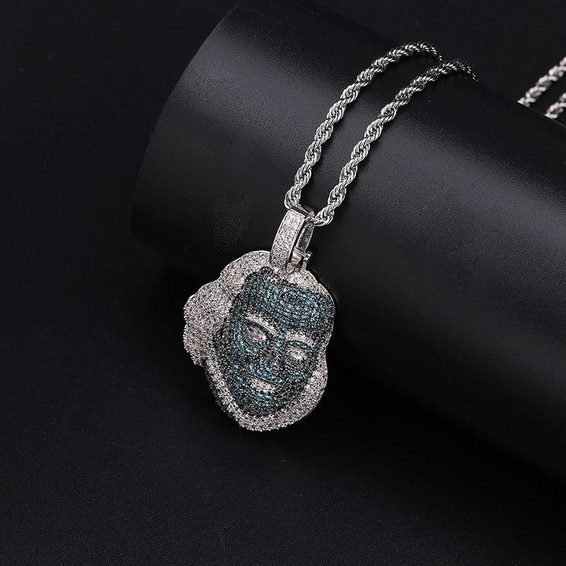 DatNewDrip Iced Out Blue Face Pendant with detailed silver chain and sparkling stones