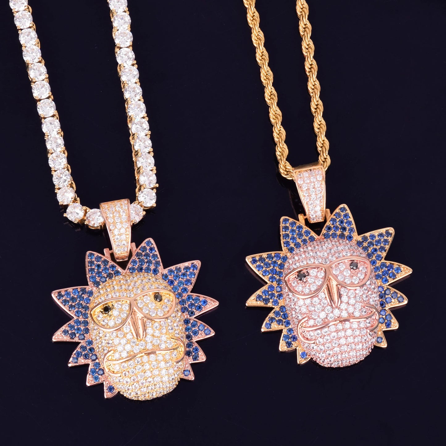 Iced out Cartoon Character Face Pendant necklace with colorful stones on a gold chain from DATNEWDRIP