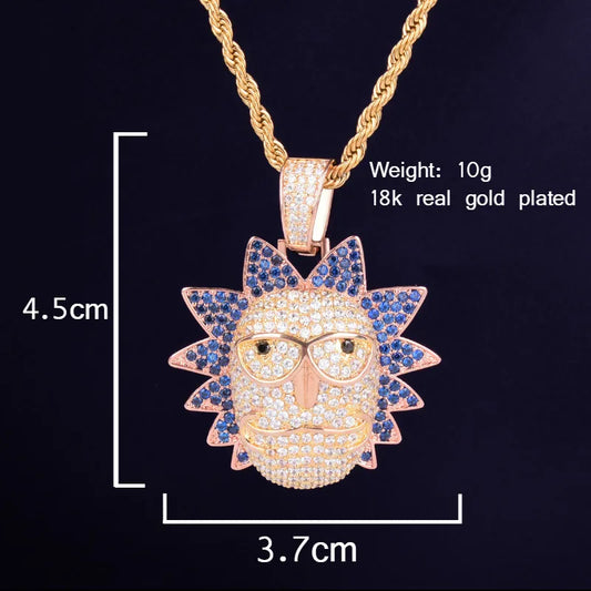 Iced out Cartoon Character Face Pendant necklace with gold plating and blue rhinestones for a stylish look