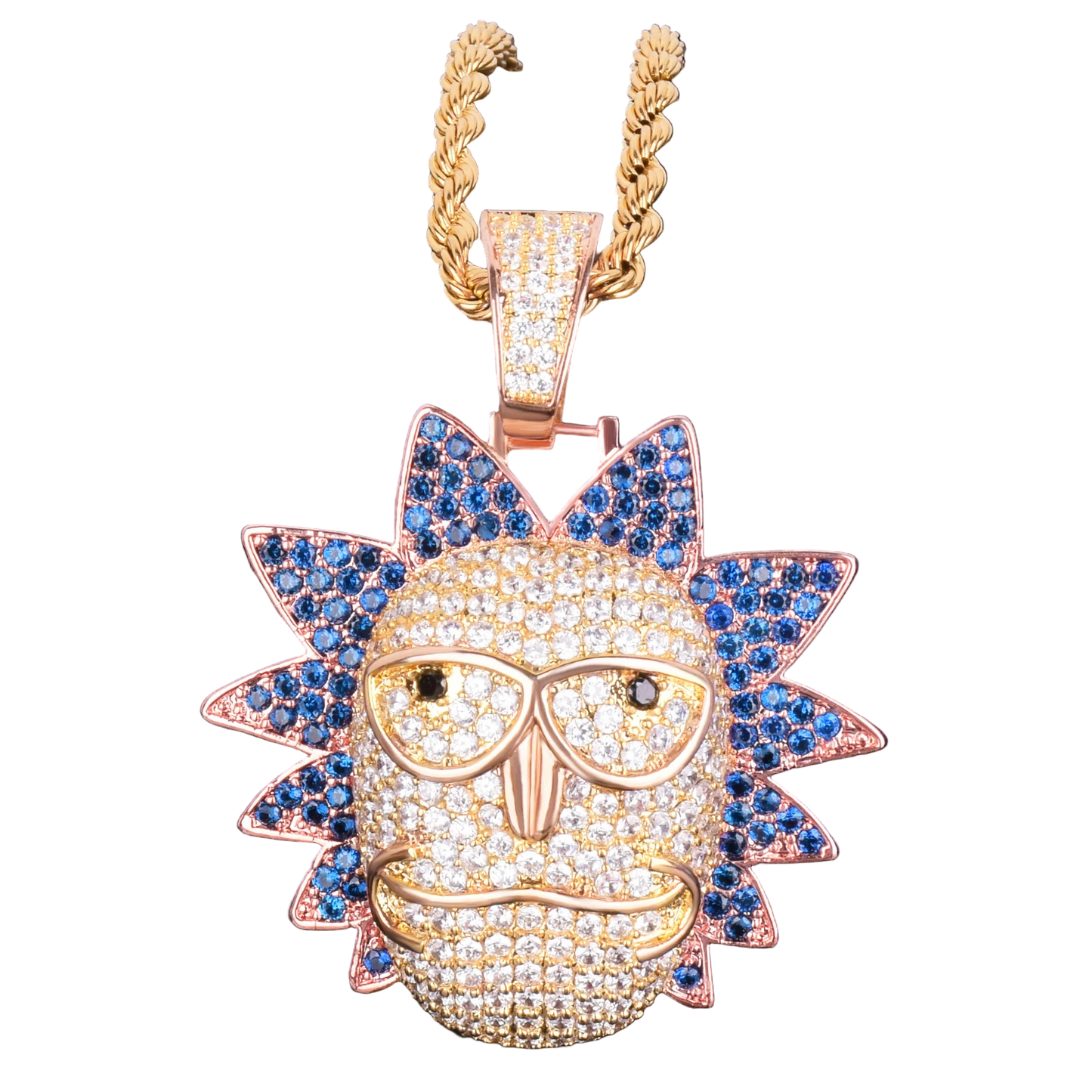 Iced out Cartoon Character Face Pendant necklace with detailed gem design in gold and colorful accents