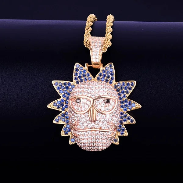 Iced out Cartoon Character Face Pendant necklace with colorful gemstones and intricate detailing