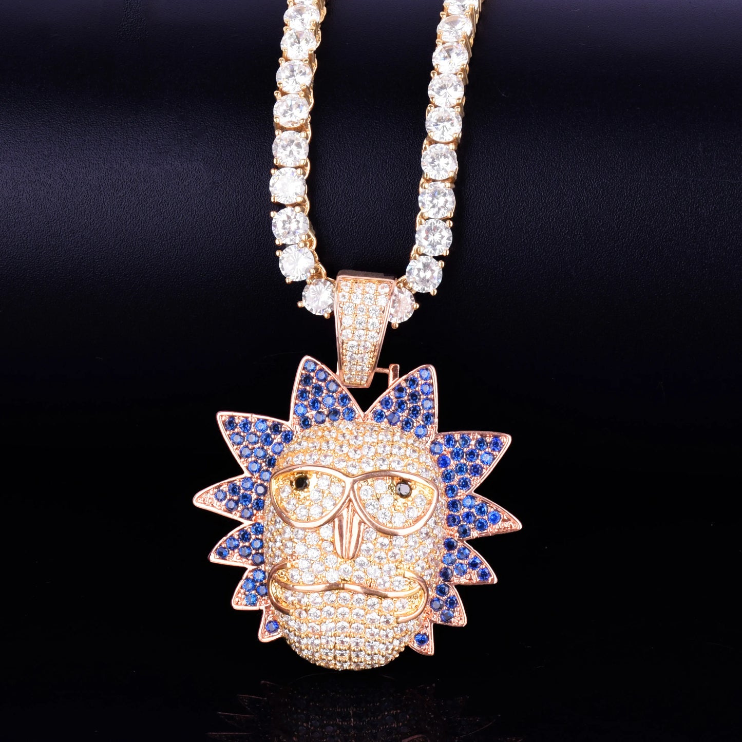 Iced out Cartoon Character Face Pendant necklace with colorful stones on a gold chain
