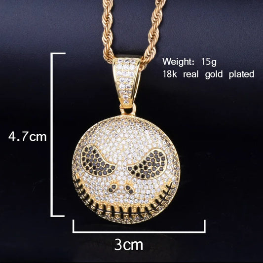 Iced out jack skeleton smiling pendant necklace with 18k gold plating and intricate detailing
