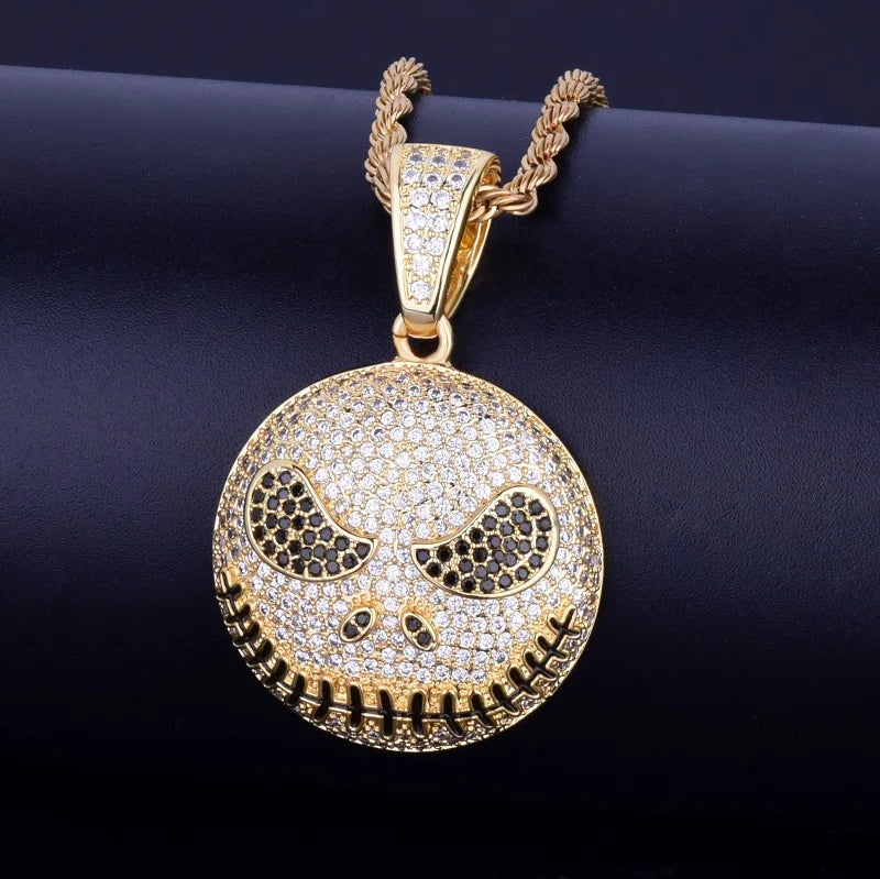 Iced out Jack Skeleton smiling pendant necklace in gold with shimmering details and chain