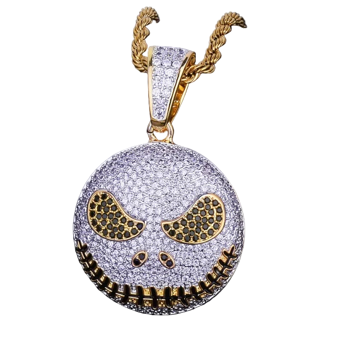Iced out jack skeleton smiling pendant necklace with shimmering details and gold accents