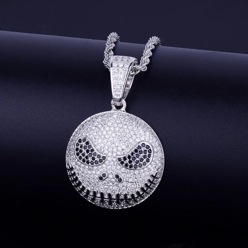 Iced out Jack Skeleton smiling pendant necklace with sparkling details and a sleek chain design