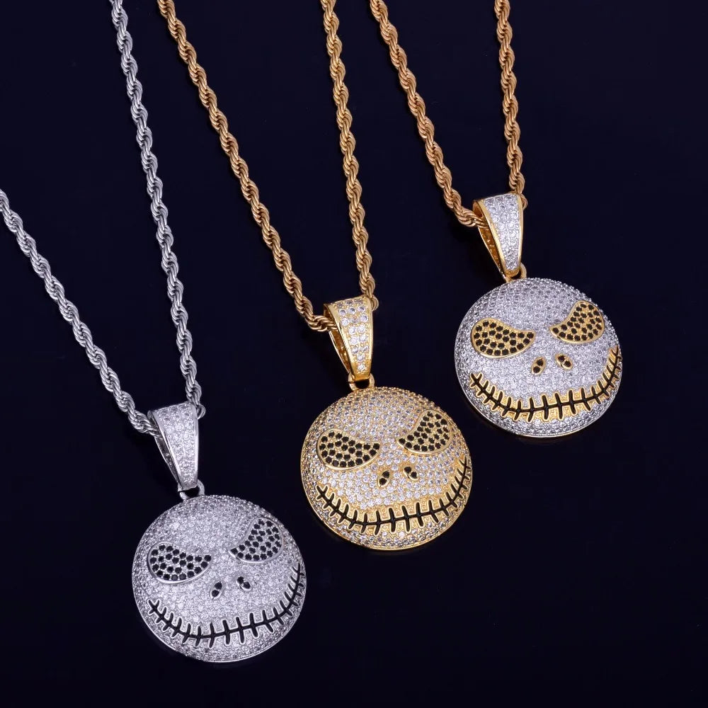 Iced out jack skeleton smiling pendant necklace in gold and silver options with sparkling details