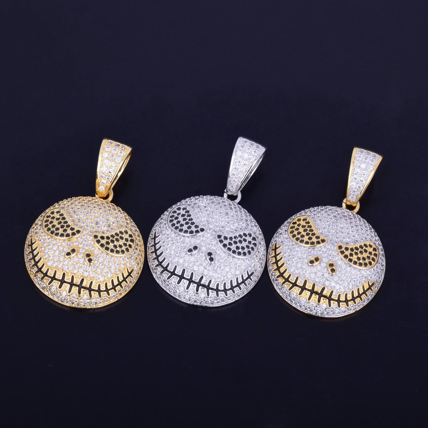 Iced out Jack Skeleton smiling pendant necklace in gold and silver options with sparkling details