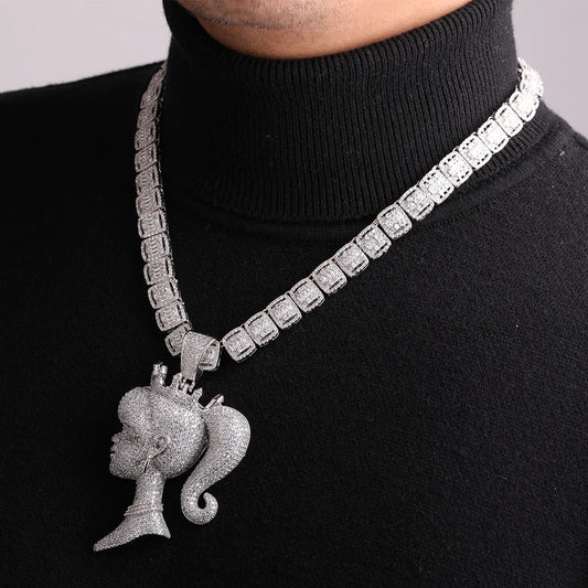 Iced Out queen doll rapper pendant jewelry with sparkling details worn on a stylish chain