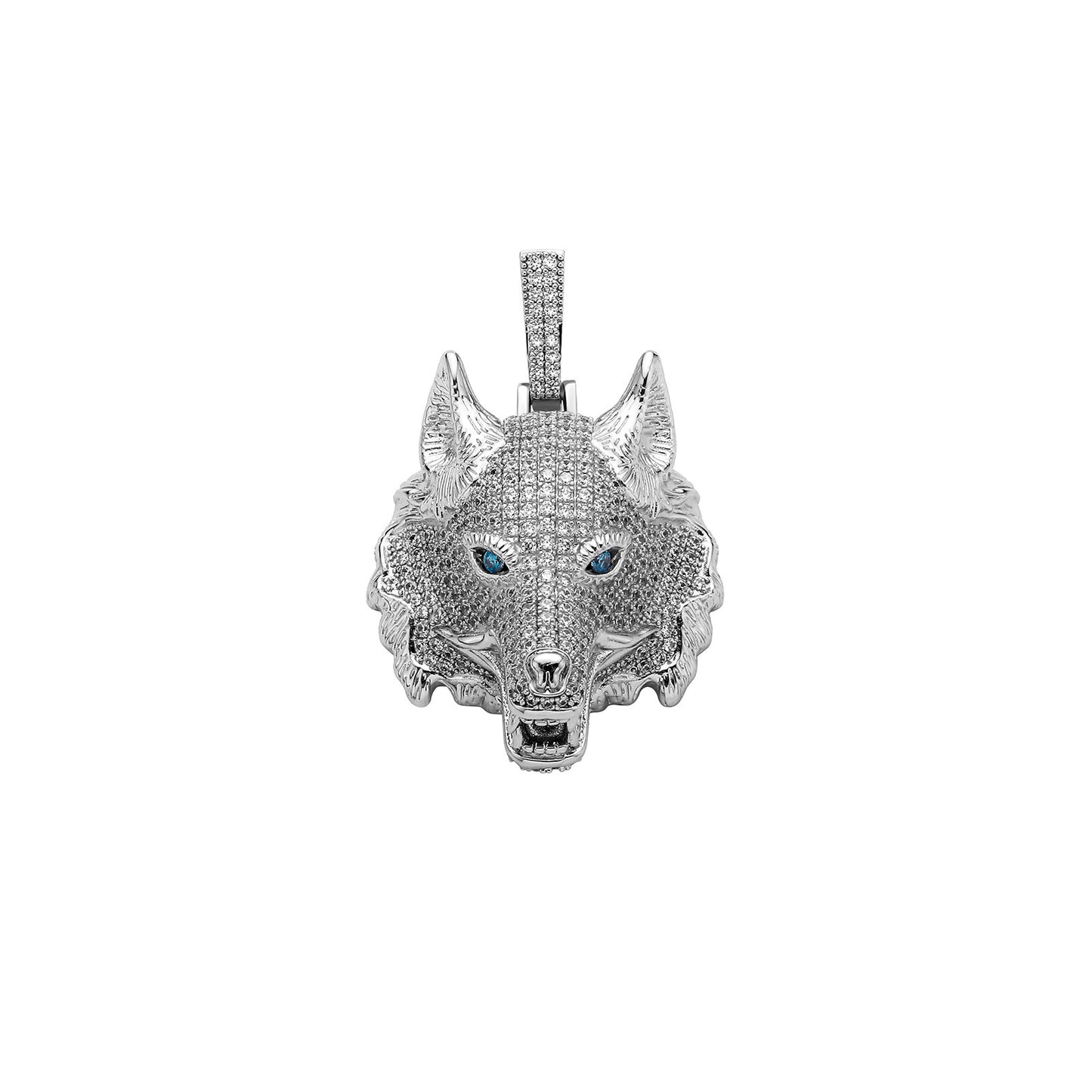 DatNewDrip iced out wolf pendant with blue eyes and sparkling stones in wolf head design