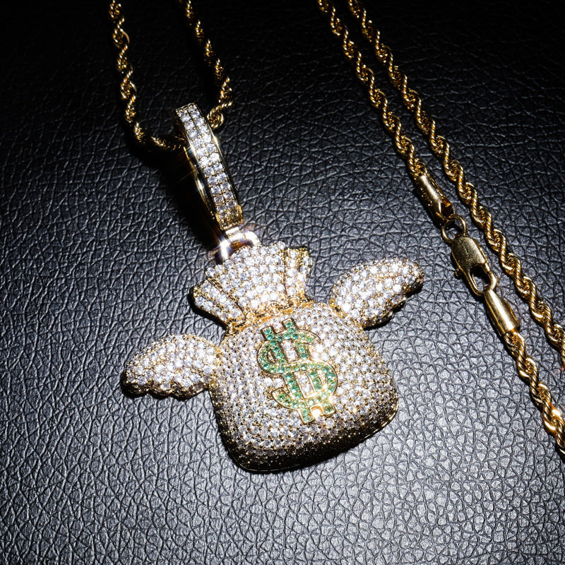 DatNewDrip iced out money bag pendant in gold with pave stones and green dollar sign motif on rope chain