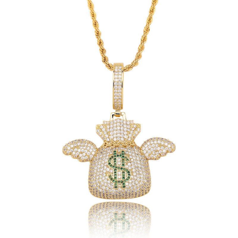 DatNewDrip gold rope chain necklace with iced out money bag pendant featuring green dollar sign and winged design