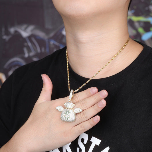 DatNewDrip iced out money bag pendant on gold rope chain worn on chest with hand showing size