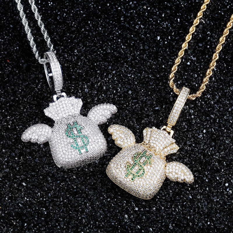 DatNewDrip iced out money bag pendant duo in gold and silver with green dollar sign crystals on rope chains