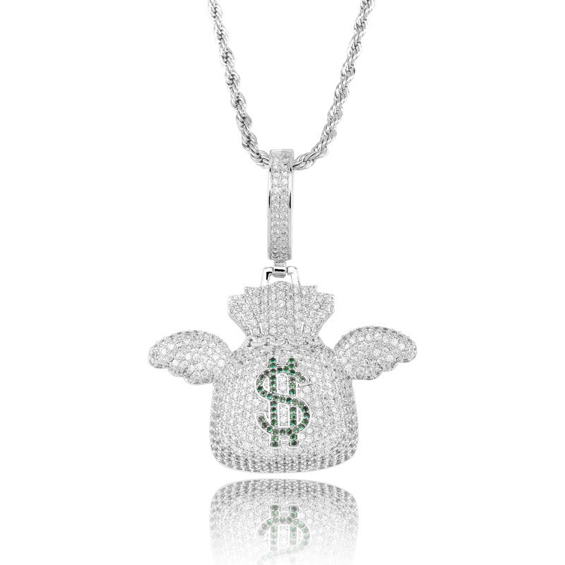 DatNewDrip iced out money bag pendant in silver with winged design and green stone dollar sign