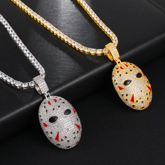 DatNewDrip iced out hockey mask pendant necklaces in gold and silver with red enamel accents on tennis chains