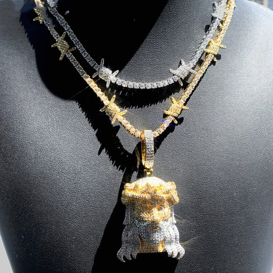 DatNewDrip iced out Jesus pendant gold and silver diamond encrusted Jesus head on chain