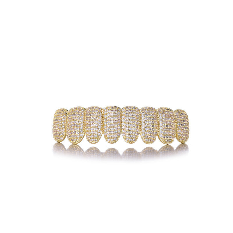 DatNewDrip gold pave full set 8 tooth reflective style iced out hip hop grillz for luxury fashion